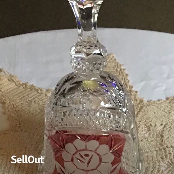 Anna Hutte Vintage Crystal Bell 7" Clear with Red Floral Etching - Picture 1 of 6